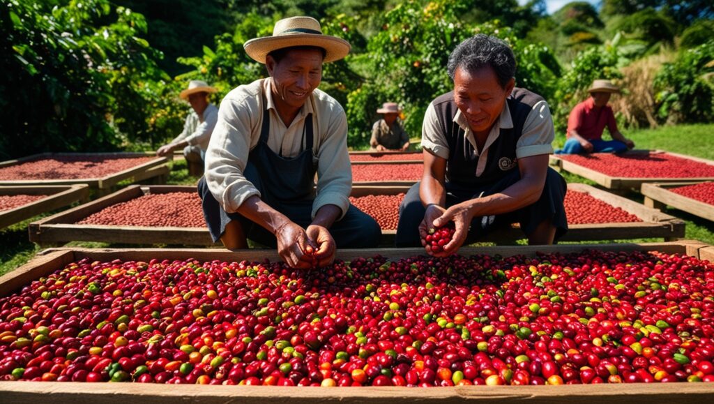 a couple of people working in a farm