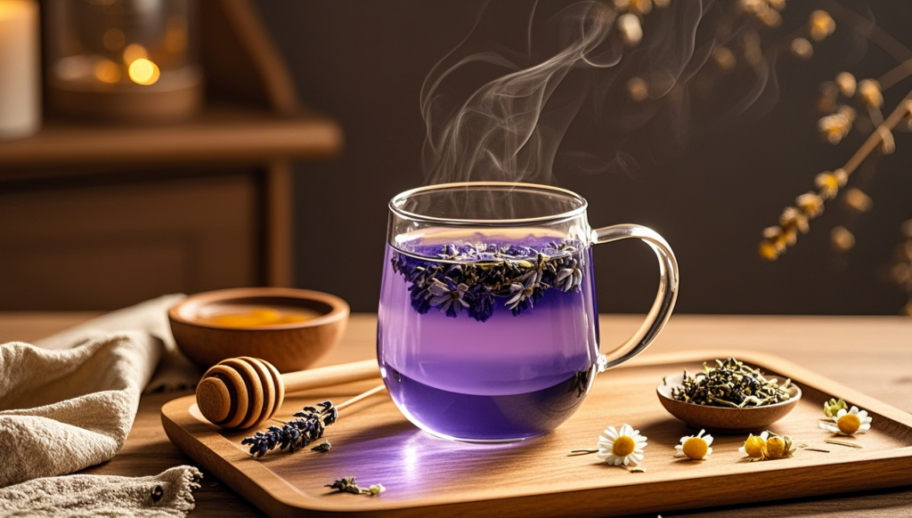 a glass mug with purple liquid and flowers on a wooden tray