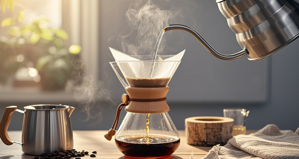 a pouring coffee into a glass container